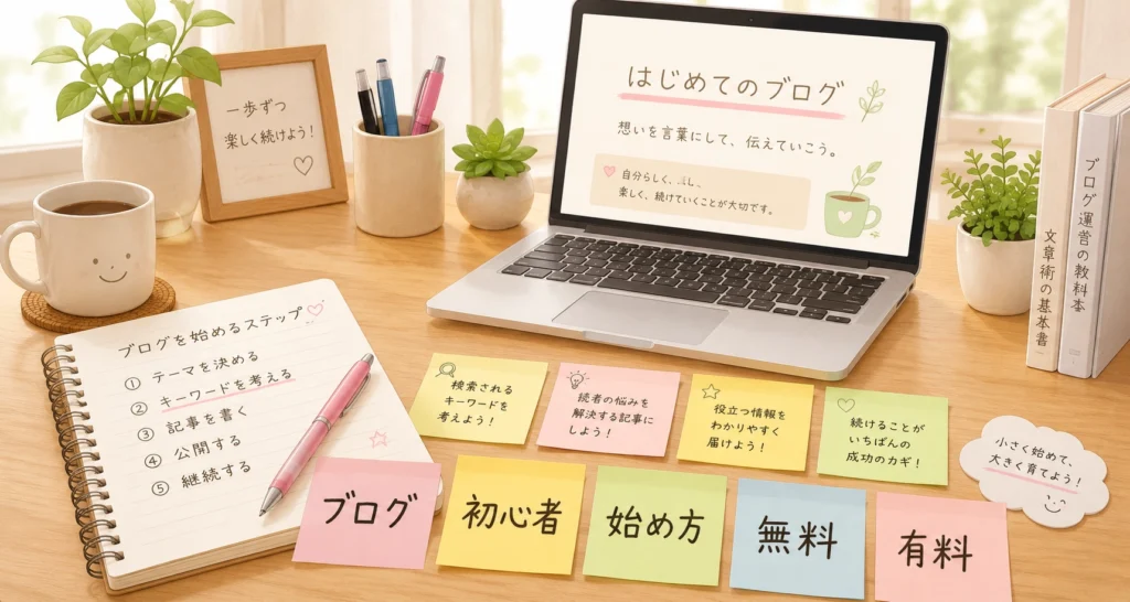 机の上にノートとパソコンがあり、「ブログ」「初心者」「始め方」「無料」「有料」などの言葉が付箋で広がっているやさしいイラスト。
