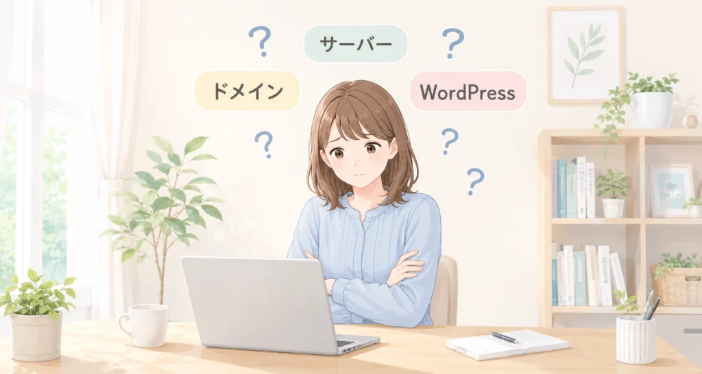 パソコンを前にして困惑している女性
