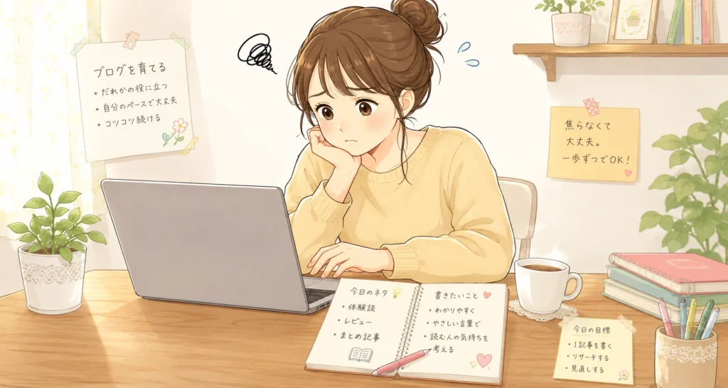 ブログの構成を考えている女性