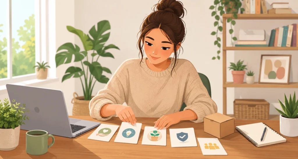 カードを並べてアフィリエイトの記事にするネタを考えている女性