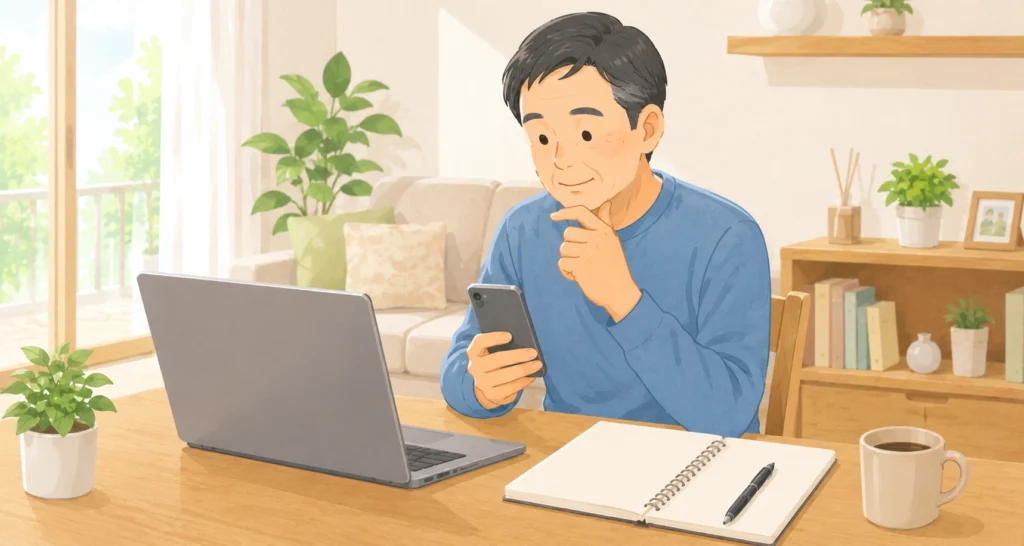 スマホとPCで調べ物をしている男性