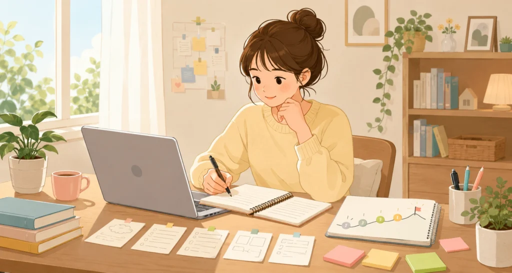 ブログに書くことが決まって下書きをしている女性