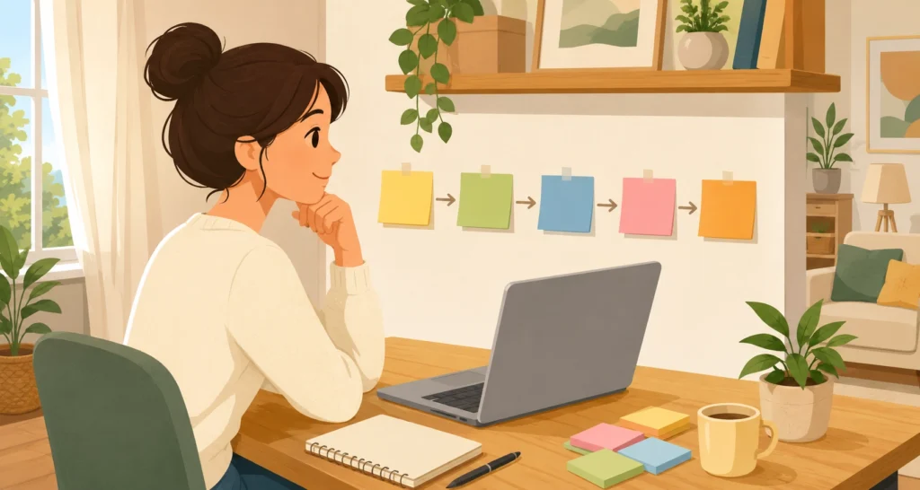 ブログの構成を練っている前向きな女性